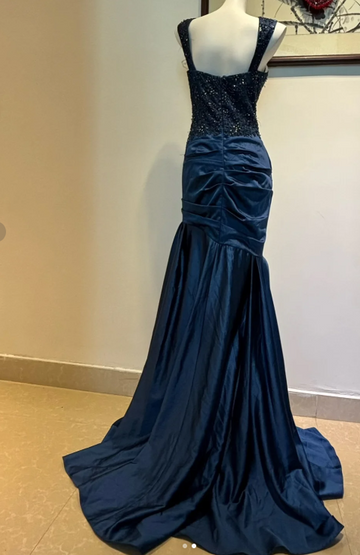 Niulatu Sweetheart Mermaid Satin Sequin Long Prom Dresses, Navy Blue Formal Evening Dresses HZ1026